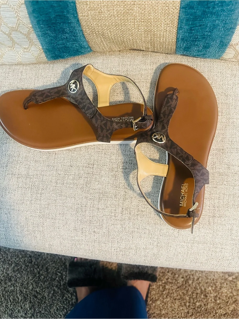 Michael Kors Brown Logo-T Strap Sandals with Tan Accents